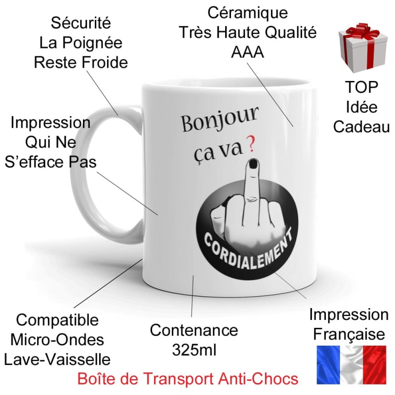 Mug drôle bonjour ça va ? doigt d'honneur cordialement