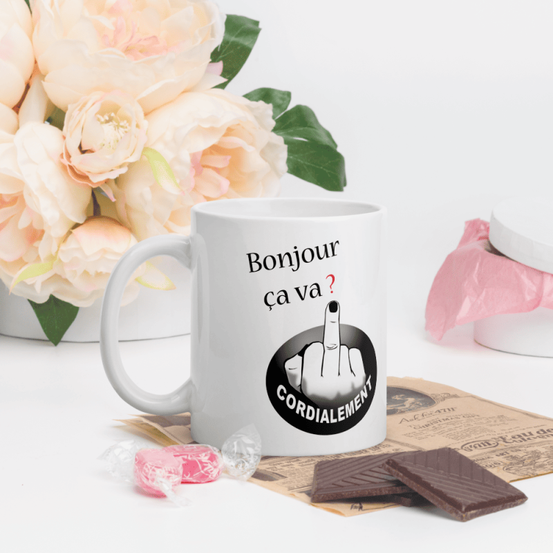 Mug drôle bonjour ça va ? doigt d'honneur cordialement