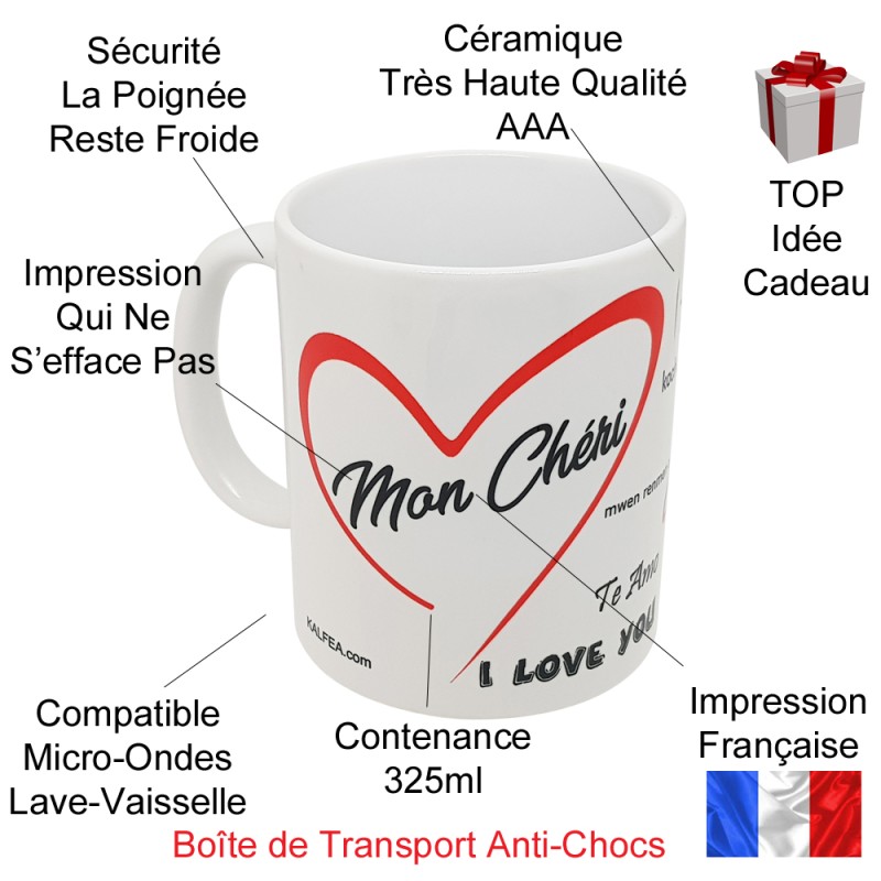 Mug Mon Chéri Je t’aime multilingue pour cadeau romantique