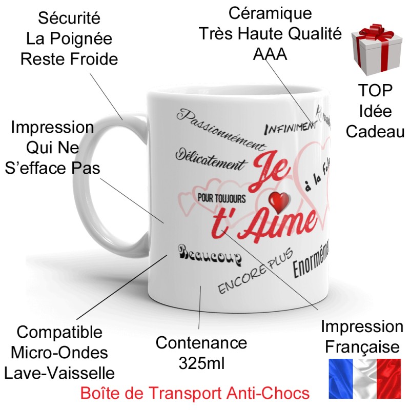 Mug Je t’aime tendrement Tasse romantique pleine de mots doux