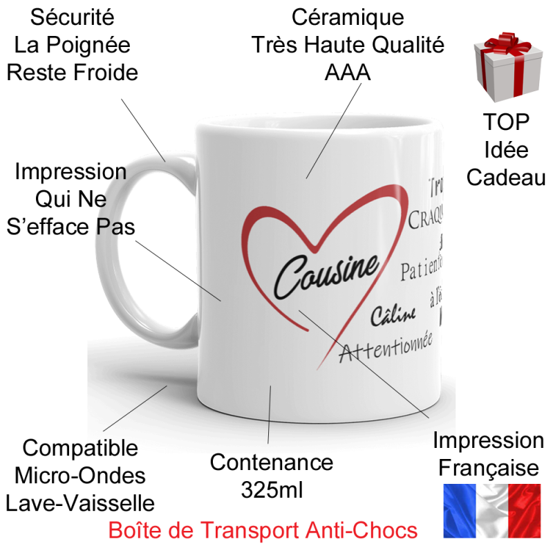 Mug cousine cœur rouge tasse cadeau originale