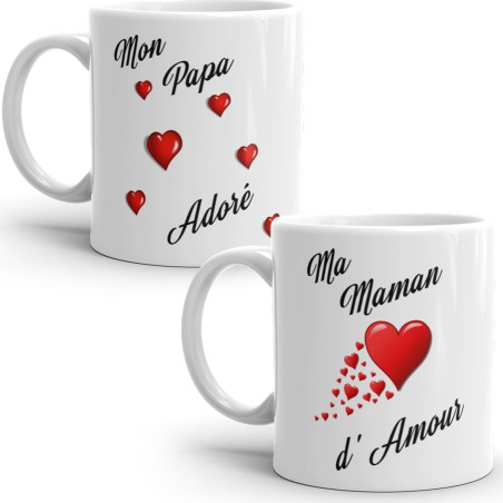 Duo de mugs Mon Papa Adoré et Ma Maman d’Amour pour un cadeau parents