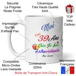Mug anniversaire 39 ans cadeau drôle tasse à offrir humour subtil
