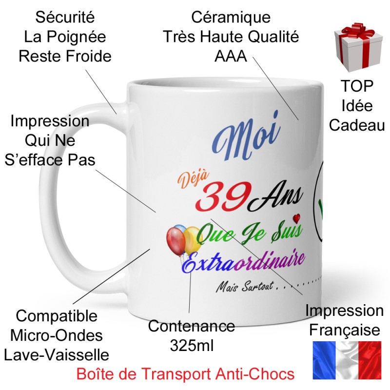 Mug anniversaire 39 ans cadeau drôle tasse à offrir humour subtil