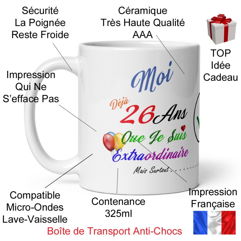 Cadeau drôle pour 26 ans : tasse anniversaire à offrir avec message marrant