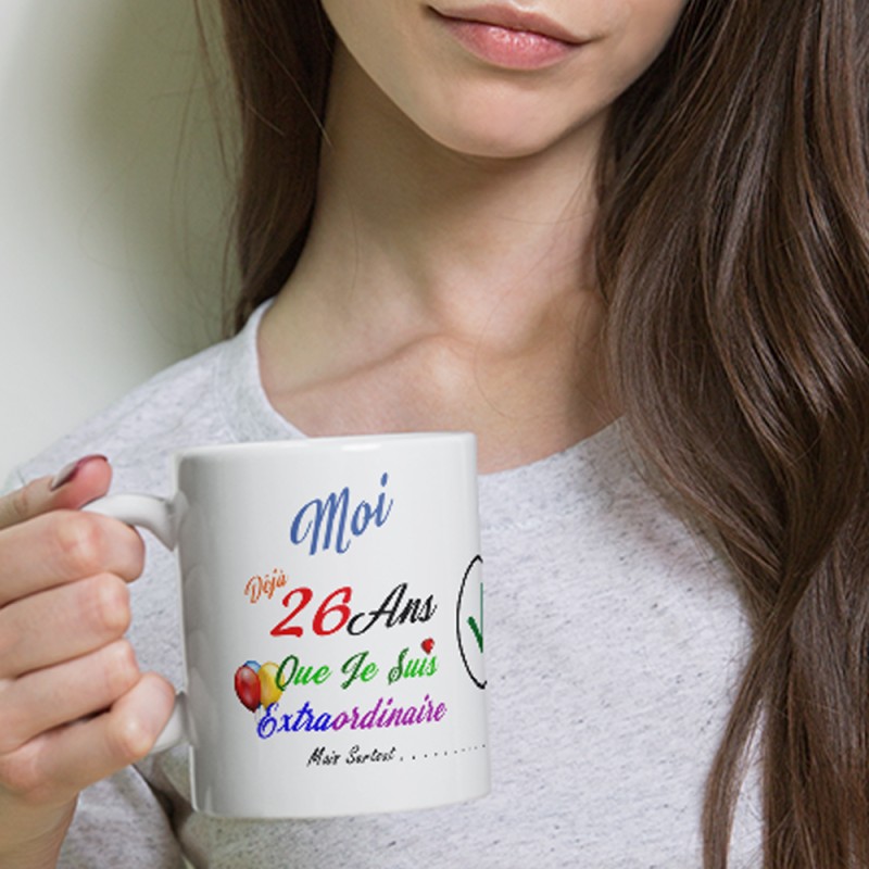 Cadeau drôle pour 26 ans : tasse anniversaire à offrir avec message marrant