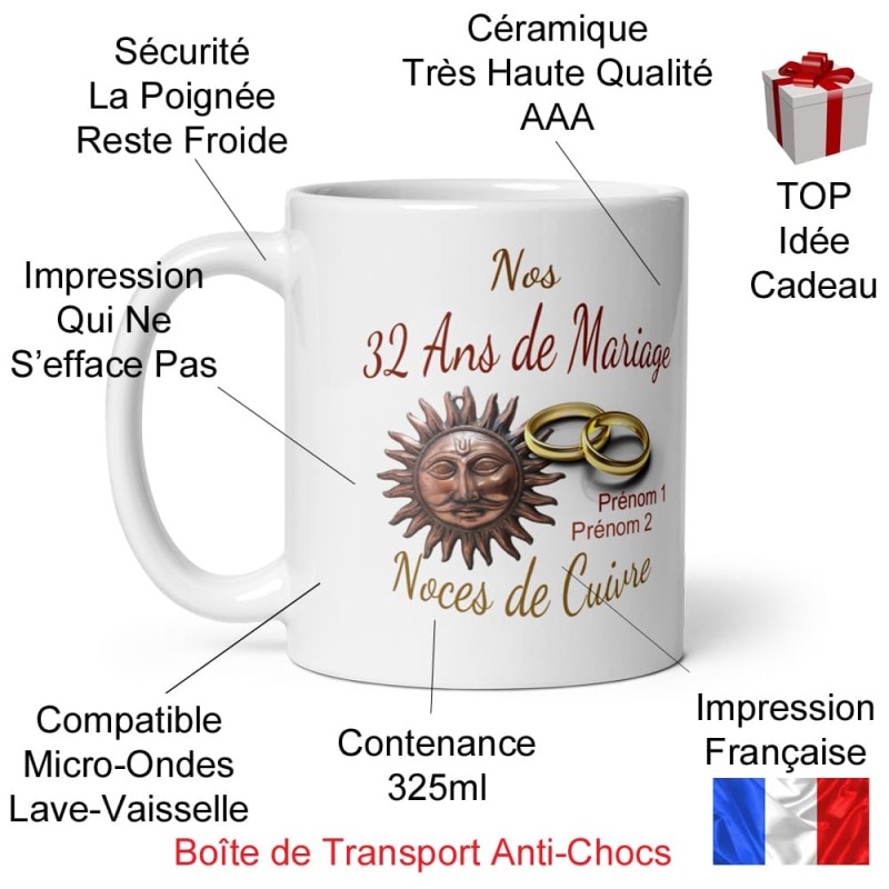 Mug noces de cuivre personnalisation 32 ans mariage