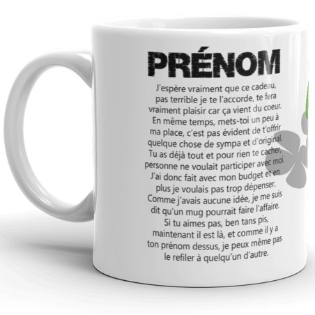 Mug prénom humour texte absurde trèfle chance