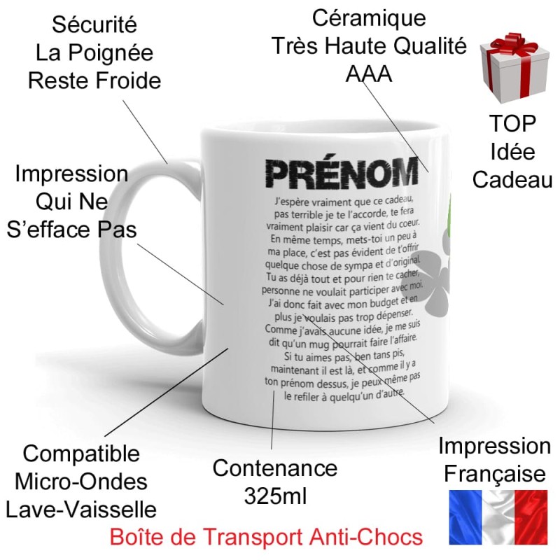 Mug prénom humour texte absurde trèfle chance